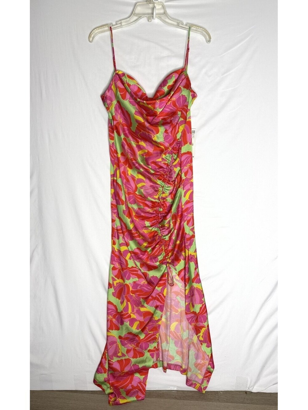 NWT Zara Floral Satin Maxi Dress XS Cowl Ruched Hibiscus Wedding Guest